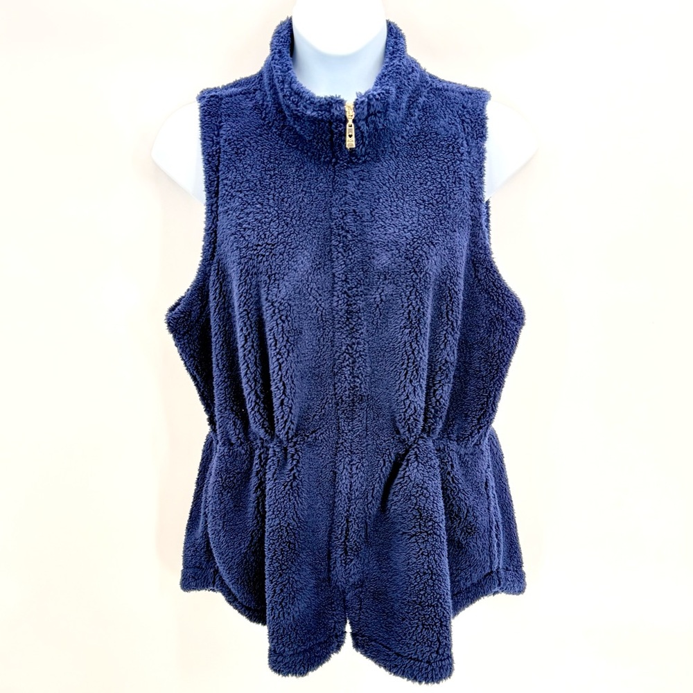 Belle by Kim Gravel Navy Sherpa Zip Vest Cozy Winter Layering Essential Size XL